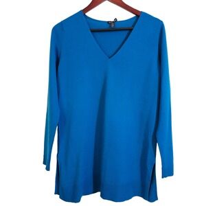 Eileen Fisher Merino Wool‎ V-Neck Sweater Small 3/4 Sleeve Blue Office Casual